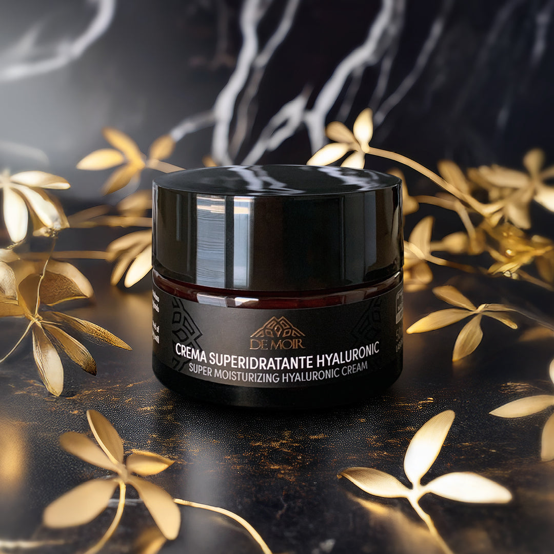 immagine  della crema superidratante hyaluronic su sfondo nero con venature dorate e fiori dorati