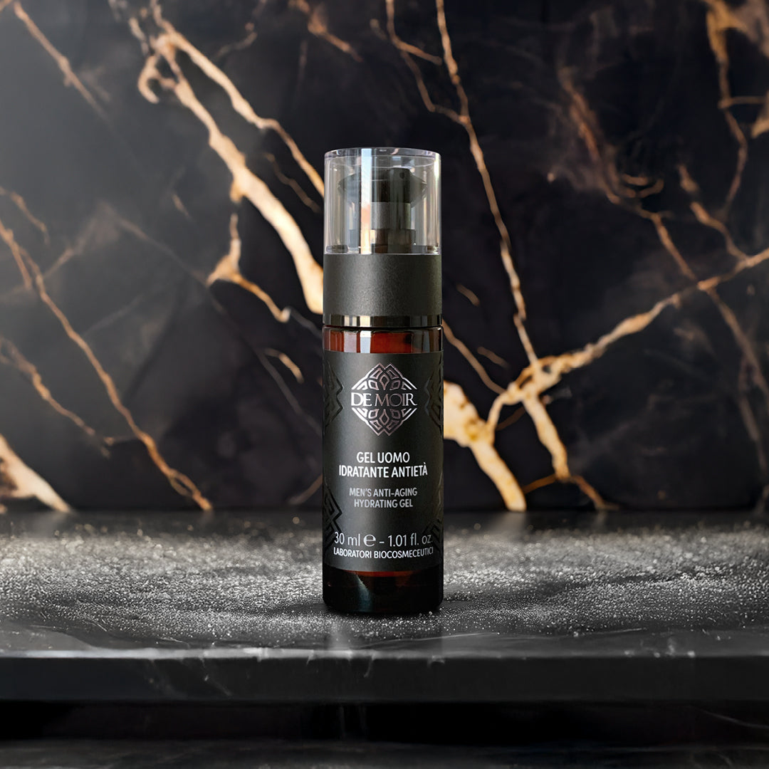 immagine del gel uomo idratante antietà su sfondo nero con venature dorate e brillantini bianchi 